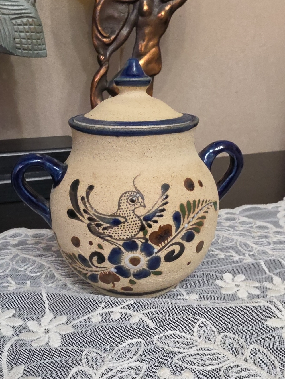 Vtg 1960 Prestige Mexican Tonalá sugar bowl Signed Collectible Bird